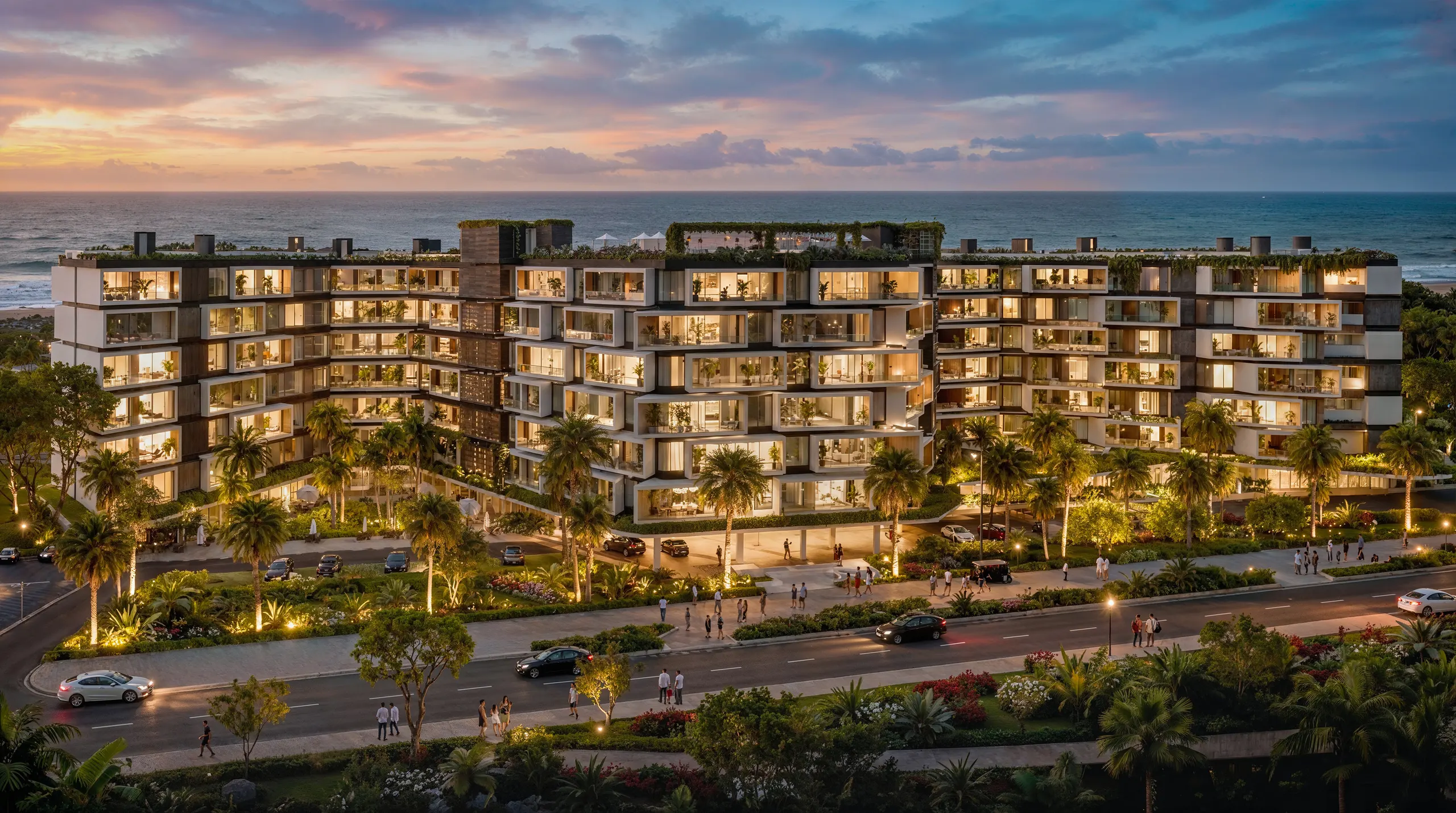 Render aéreo de Makai Residences al atardecer, con el mar Caribe al fondo, Cap Cana