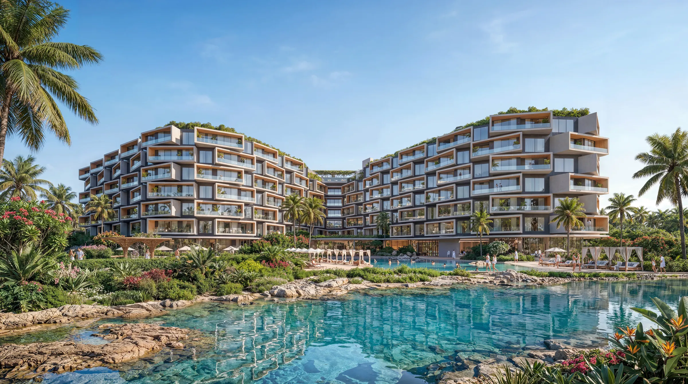 Render de Makai Residences: edificio en forma de M frente a la piscina tipo playa y el lago, Cap Cana