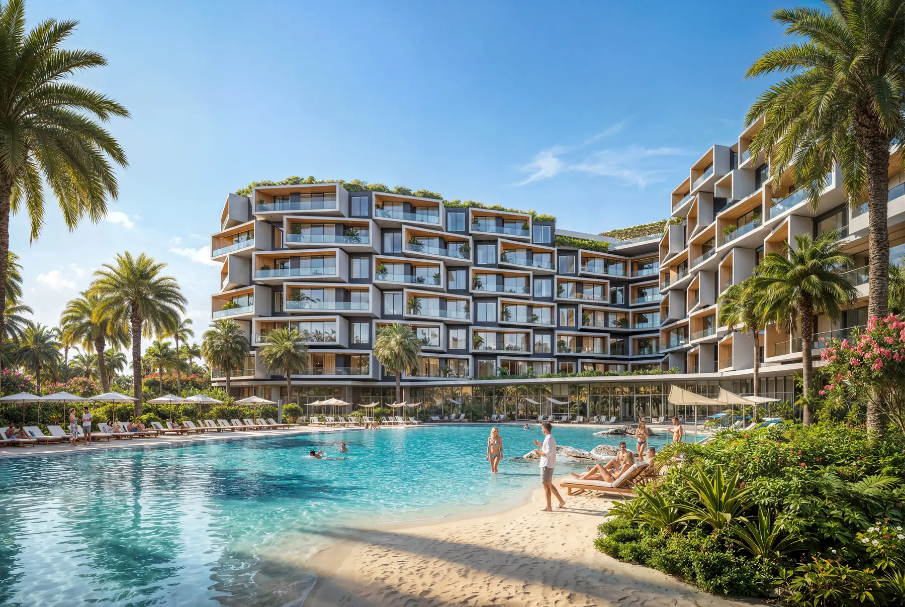 Piscina tipo playa de Makai con el edificio al fondo