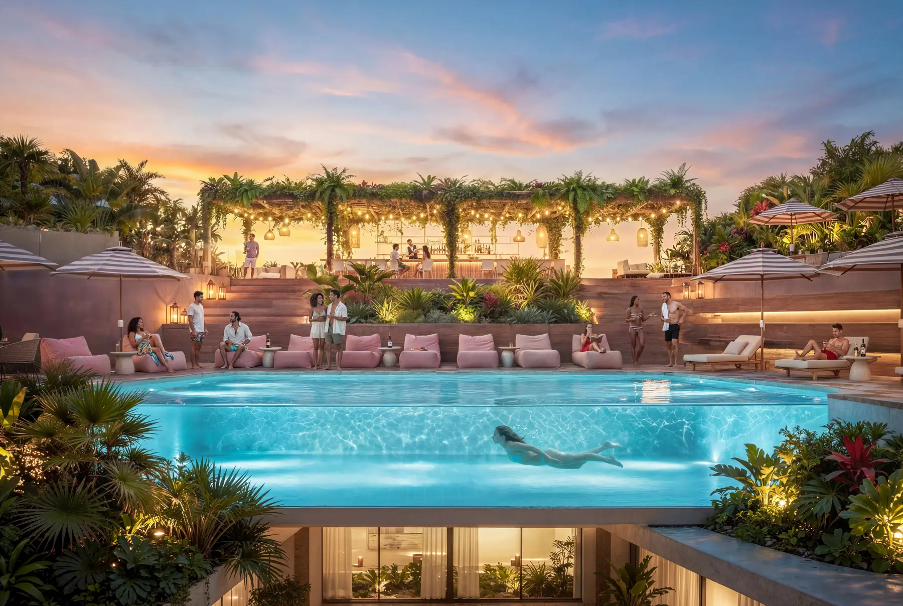 Piscina infinita del rooftop de Makai al atardecer